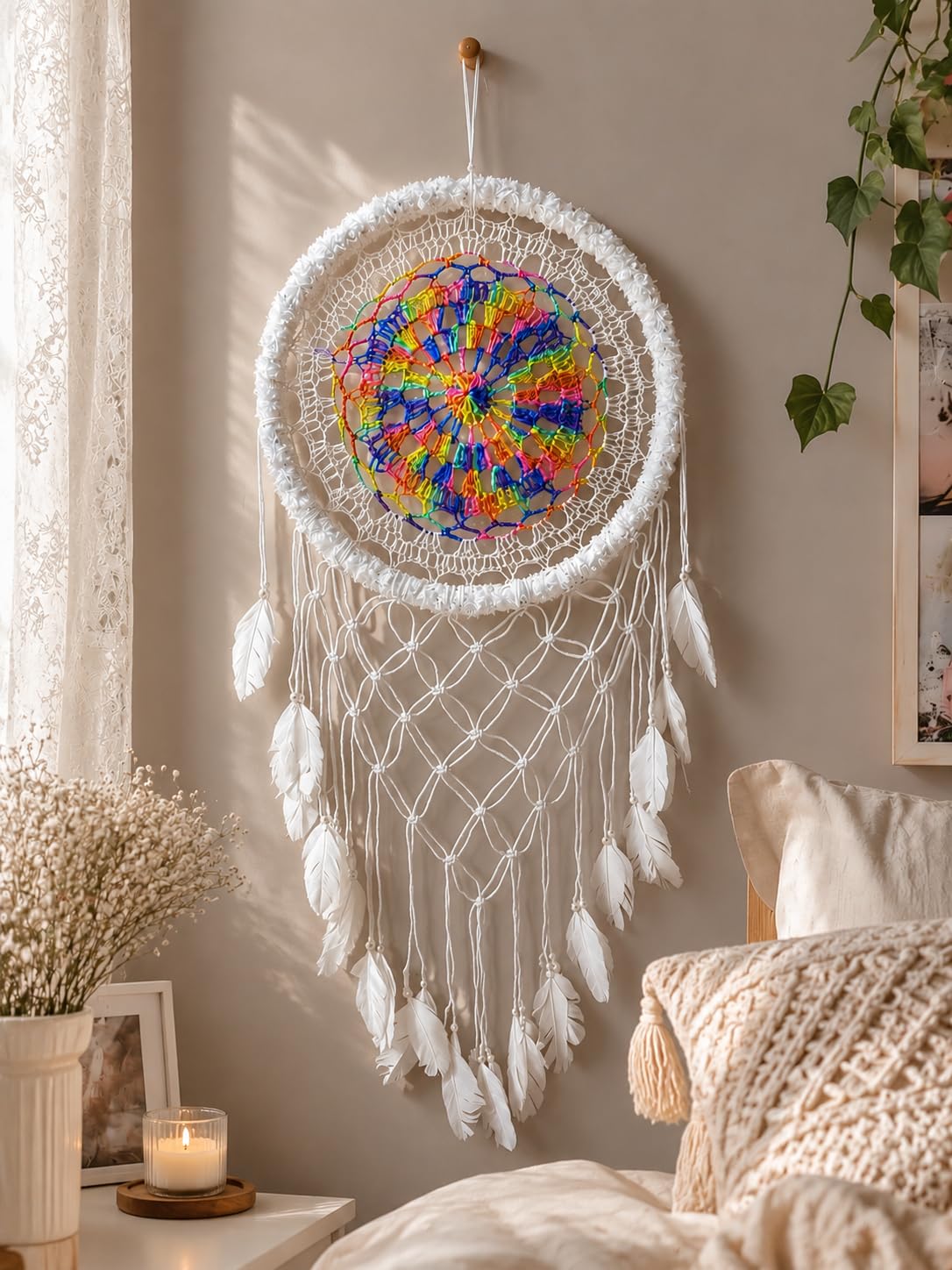 Handmade Rainbow Dream Catcher with White Feathers – Bohemian Wall Décor for Bedroom-image-23
