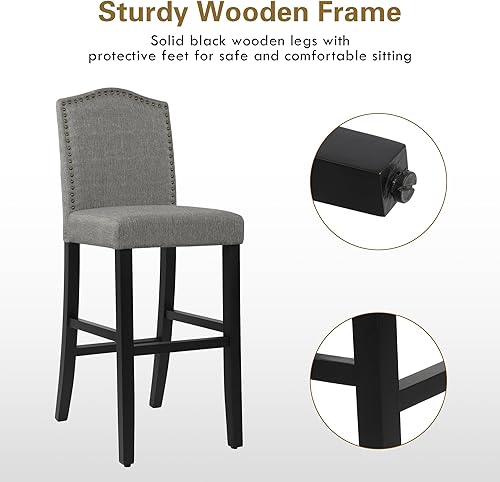 Miniatura 8 de LSSBOUGHT Juego de 2 taburetes de bar tapizados de tela de 29 pulgadas con patas traseras de madera maciza, cabeza de clavos, sillas de bar para el