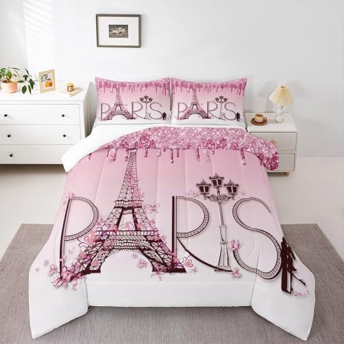Miniatura 5 de Juego de edredón de la Torre Eiffel, tamaño King, edredón de plumón de ensueño floral rosa brillante para niñas, niños, adultos, pareja, decoración