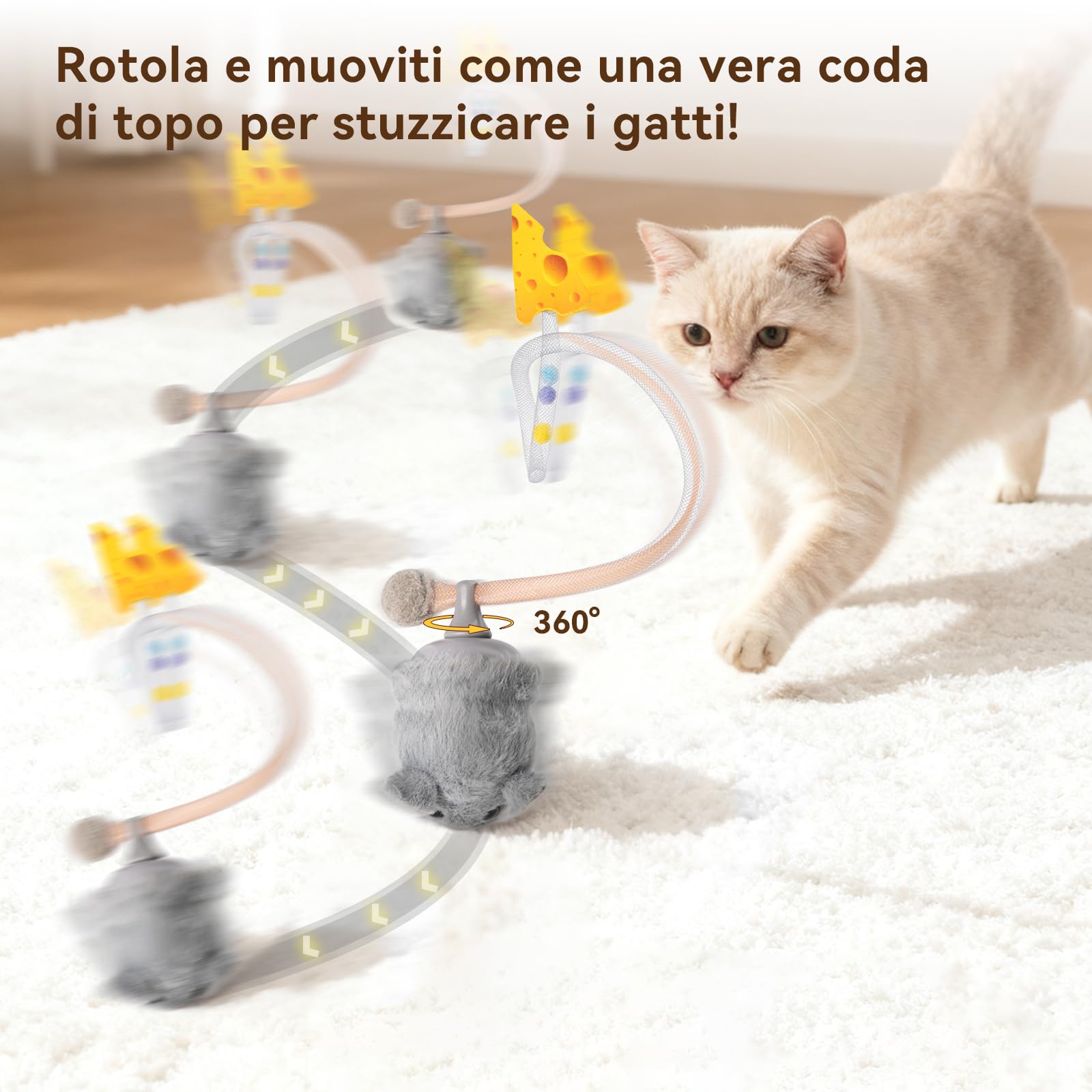 Migipaws Giocattolo interattivo per gatti, topolino elettrico con coda che si muove, sensore intelligente, squittio, giocattolo per gatti con erba gatta, ricaricabile