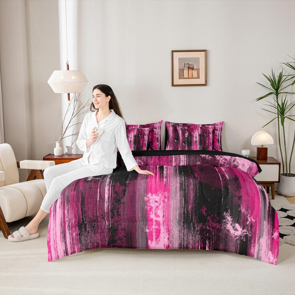 Feelyou Modern Abstract Art King Comforter Set with Sheets for Kids Boys Girls Abstract 7 Pieces Bedding Set Hot Pink Black Bed in a Bag Luxury Room Decor Soft Lightweight Microfiber