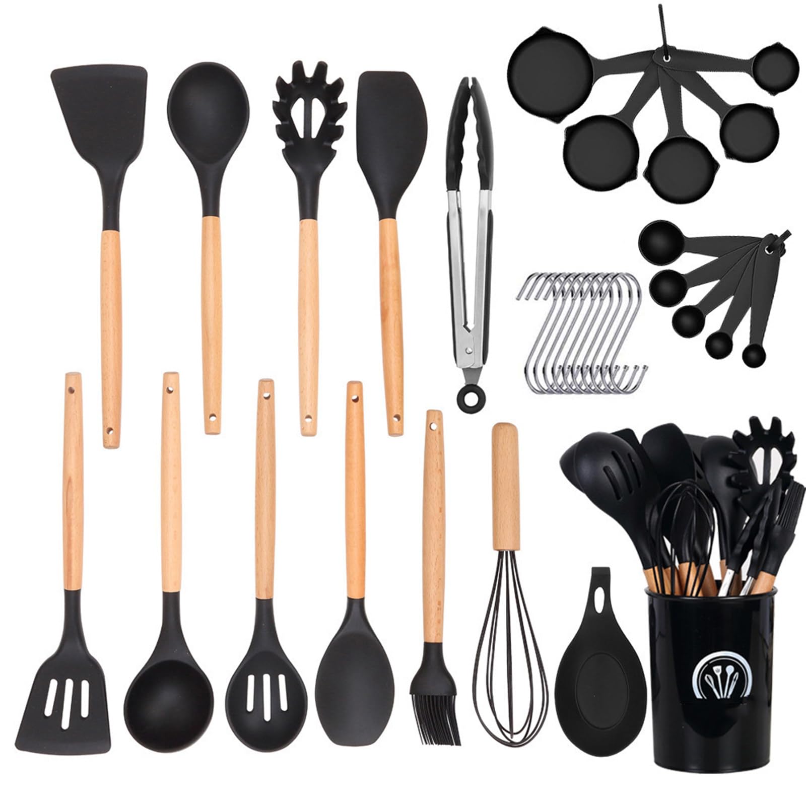 Set di 33 Utensili da Cucina in Silicone Alimentare con Manici in Legno; Kit Completo di Accessori per Cucinare Comprensivo di Misurini, Delicati su Pentole E Padelle Antiaderenti Black