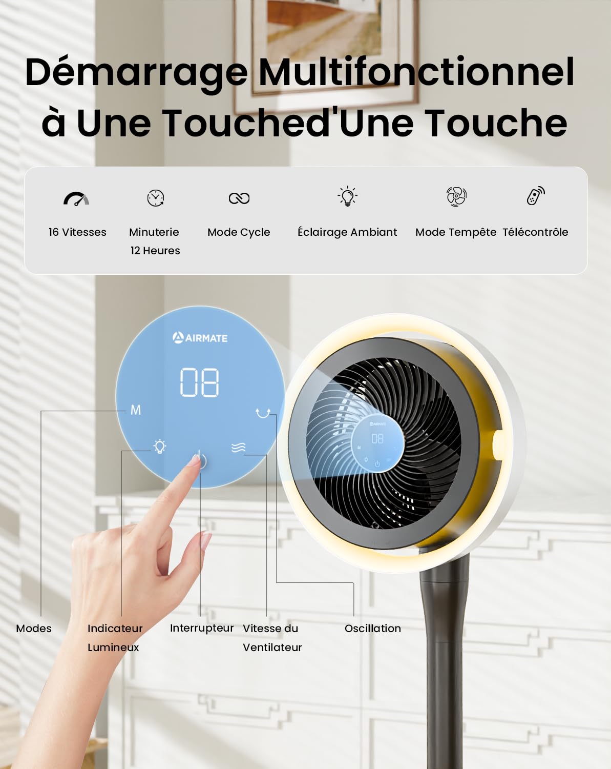 Airmate Ventilateur avec Lumière, 25dB Ventilateur Silencieux, Ventilateurs sur Pied à 16 Vitesses Réglables, Vent Fort, Oscillant 90°+120°, Trois Hauteur Réglables, Fan avec Telecommande