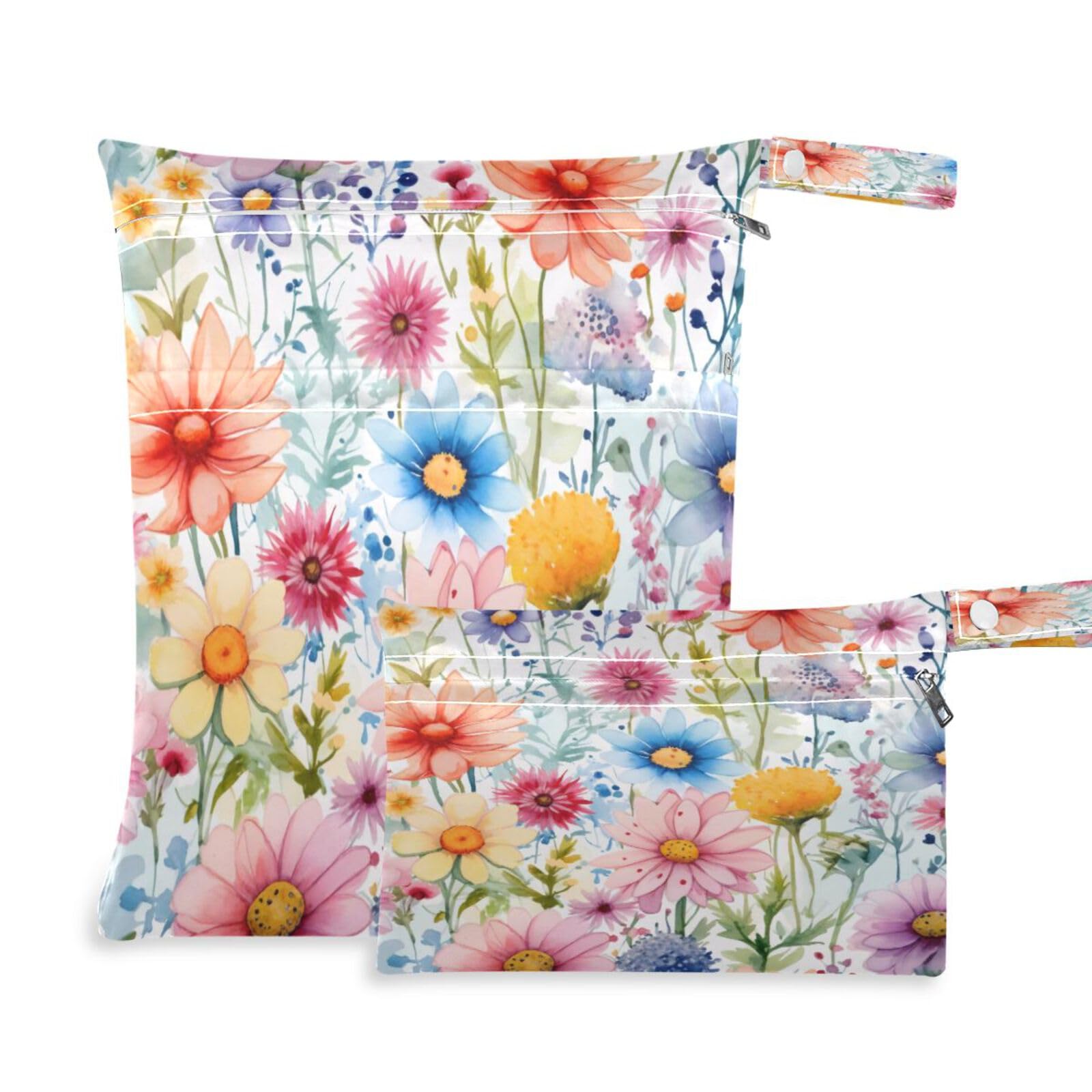 ATTX Watercolor Flowers Wet Dry Bags 2-Pack - Reusable Cloth Diaper Storage for Travel, Beach & Gym | Multi-Use Waterproof Bags for Swimsuits, Baby Clothes, Sports Gear#102
