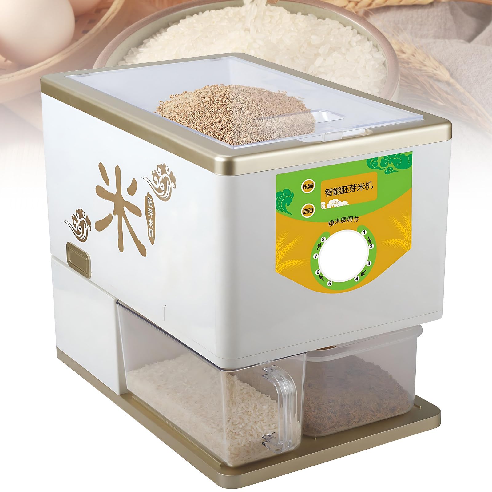 Inteligentny młynek do ryżu, separator otrębów, wydajność 250-500 g/min, 8-stopniowa regulacja mielenia, świeższy i bardziej pożywny niż ryż kupiony w sklepie