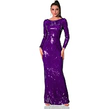 Plus Size Stretch Sequin Formal Party Dress Long Sleeve Boat Neck Evening Night Party Maxi Gown Curved Purple