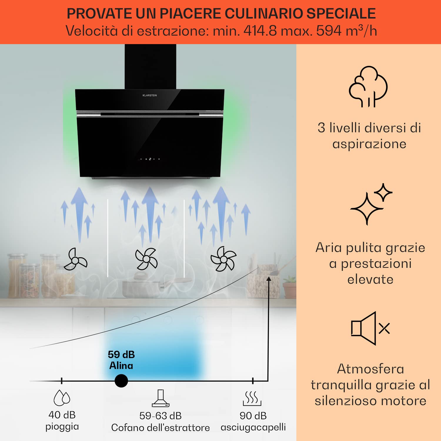 Klarstein Alina Angled Cappa Aspirante 60 cm, Cappa Cucina con Aspirazione Smart, Con Filtro per Cappa in Carbonio, Flusso d'Aria 594m³/h, Illuminazione LED RGB, Cappa Sottopensile Esterno Classe A