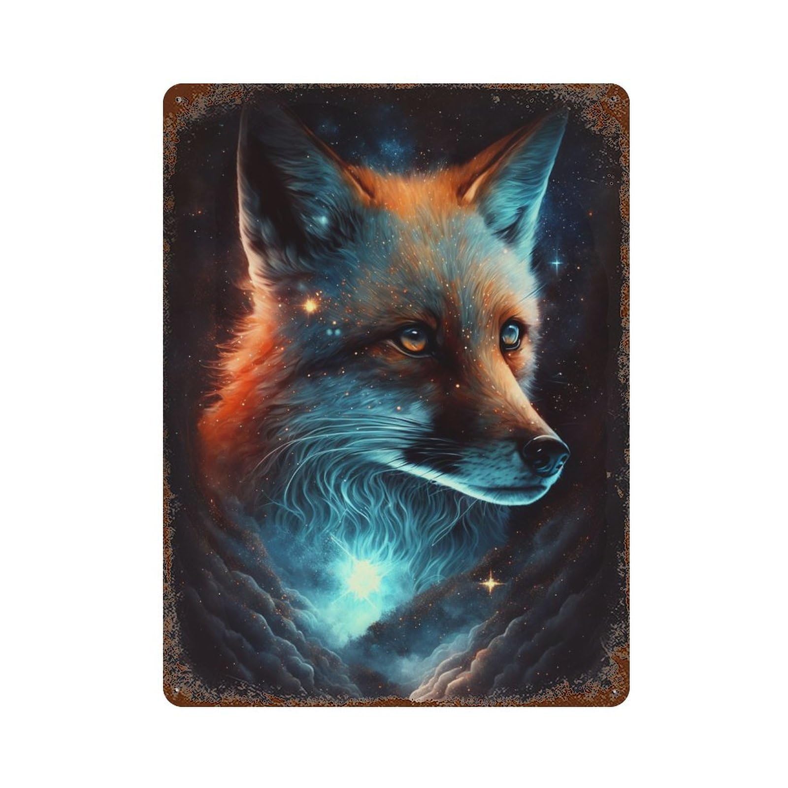 Decorative Tin Sign with Cosmic Fox Portrait-6 Design 15.7"x11.8", for Farmhouse, Kitchen And Entryway Decor, Decorative Metal Wall Art