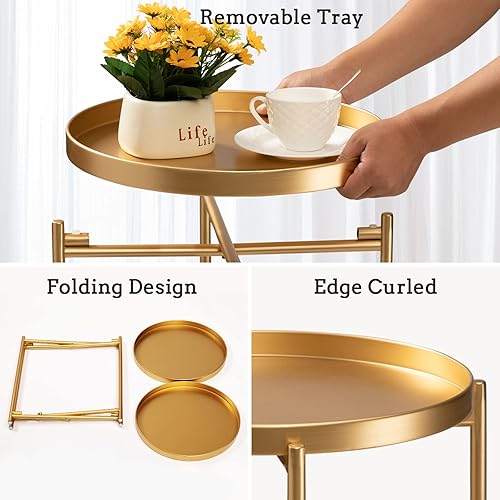 Miniatura 3 de TeoKJ 2 Tier Gold Side Table, Folding Round Metal End Table Small Nightstand with Two Removable Tray for Bedroom Living Room Small Spaces Bedside