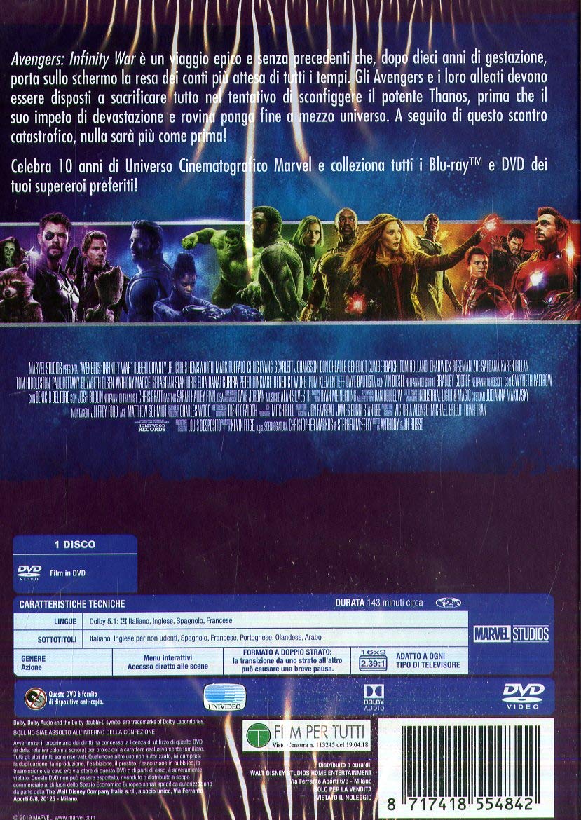 Avengers Infinity War 10° Anniversario Marvel Studios dvd ( DVD)
