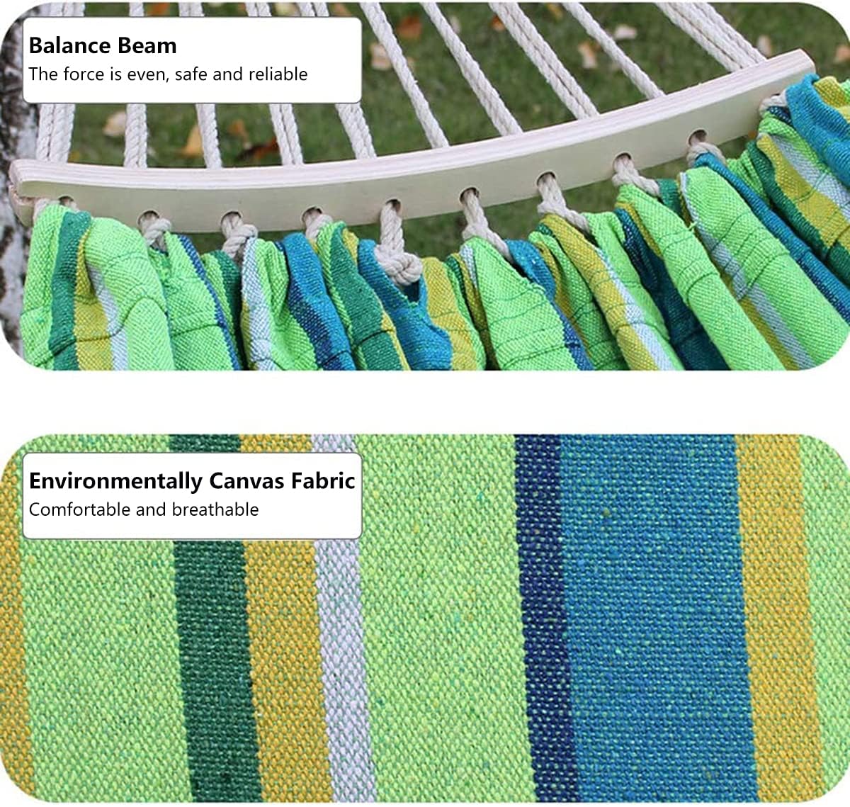 Cotton Canvas Tassel Hammock, Double Boho Hammocks with Macrame Fringe, Portable Camping Indoor Outdoor Garden Hammock Swing with Travel Bag, 150kg Load Capacity Green Stripes