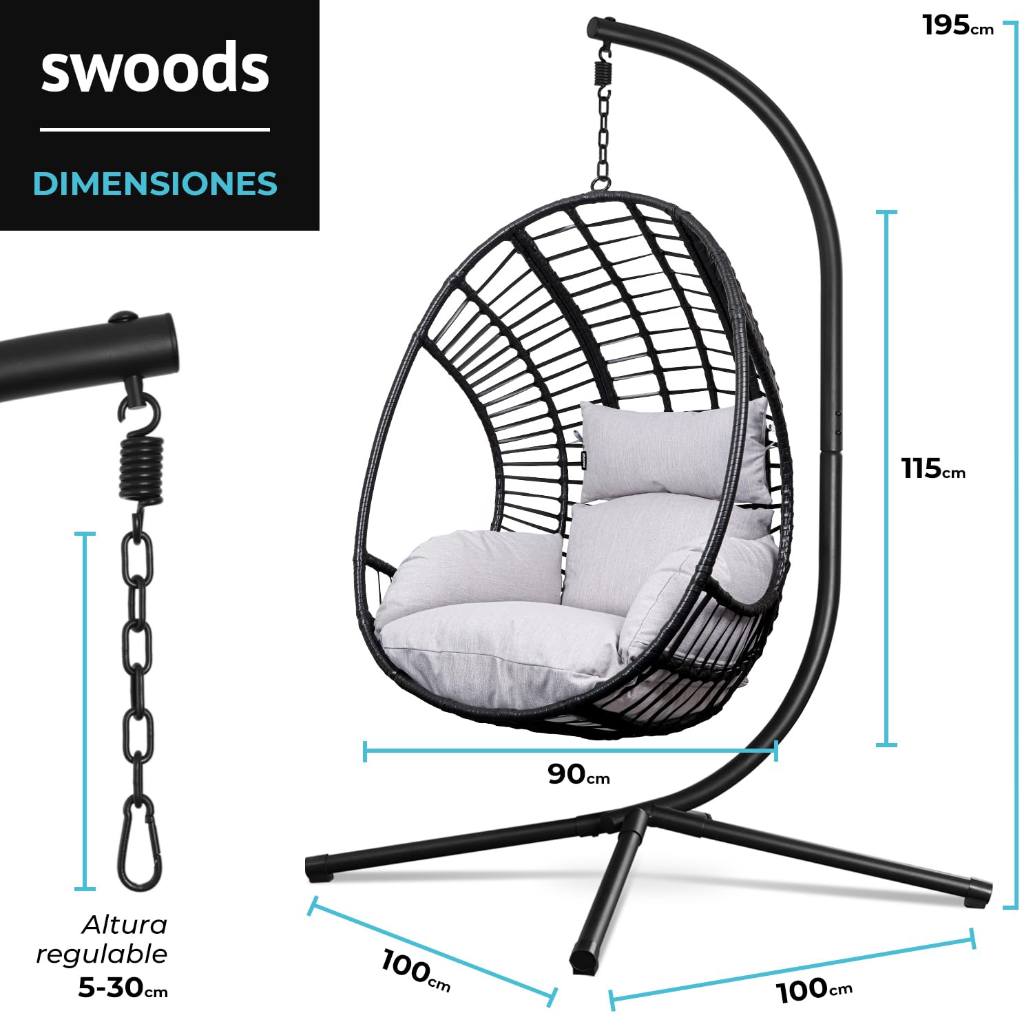 Swoods XXL Silla Colgante de Jardín - para Interior y Exterior - Silla Colgante con Base - Incluye Cojines y Funda Protectora- Resistente a la Intemperie - Carga máxima 150 kg (Gris Claro)