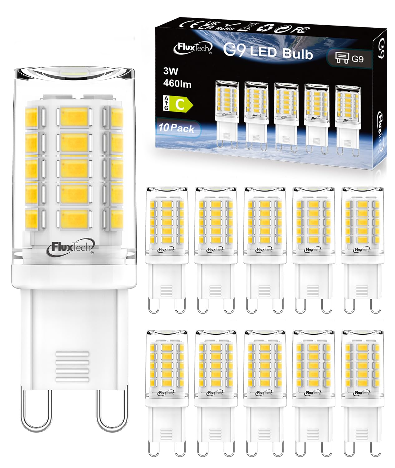 FluxTech G9 LED Bulbs Neutral White 4000K, Energy Class C, 3W (40W/50W Halogen Equivalent), 460 Lumen, Non-Dimmable, 10 Pack — image 1