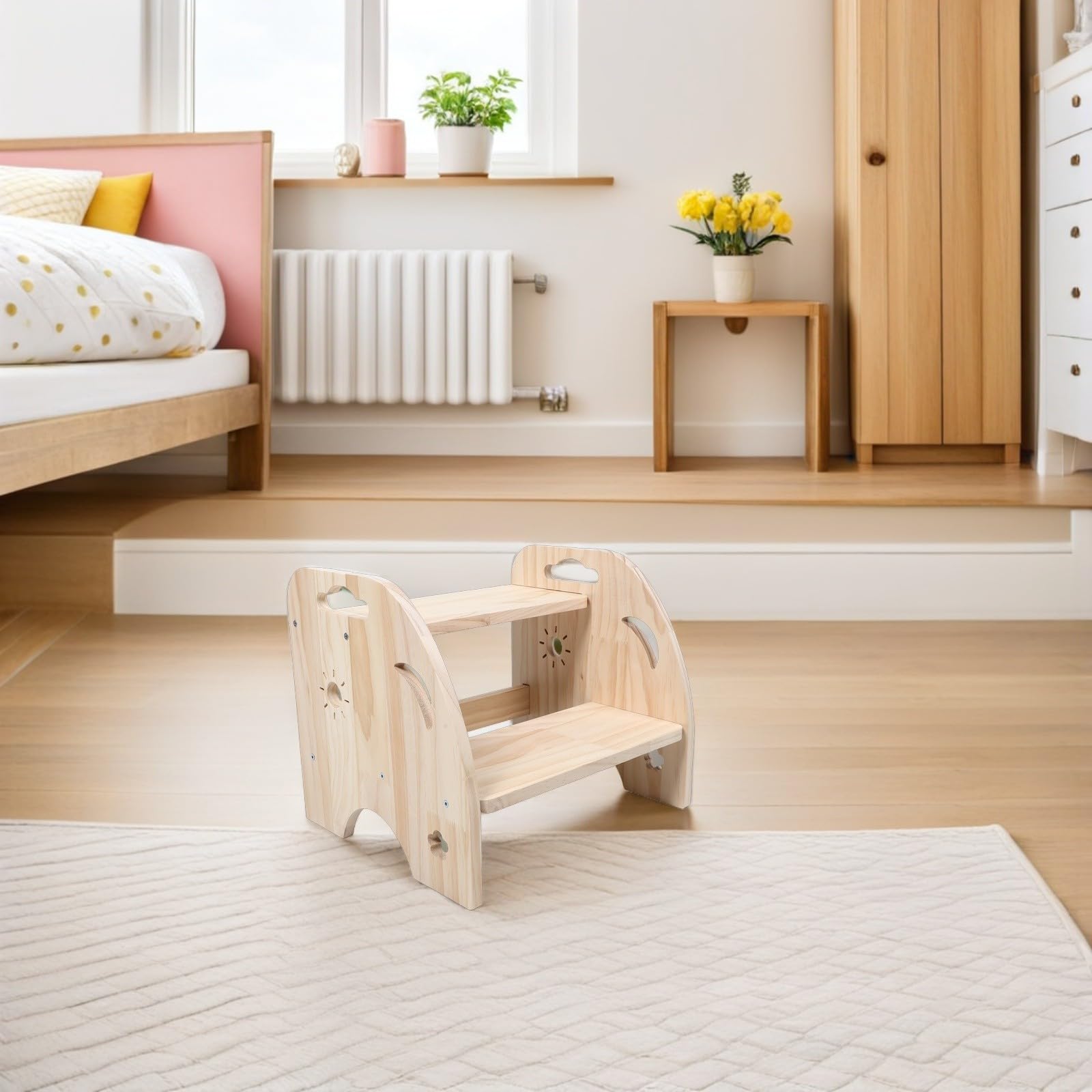 CLISPEED Holz Beige mit 2 Stufen Tritthocker und Rutschfesten Oberflächen Seitliche Griffe und Abgerundete Kanten für Badezimmer und Räume