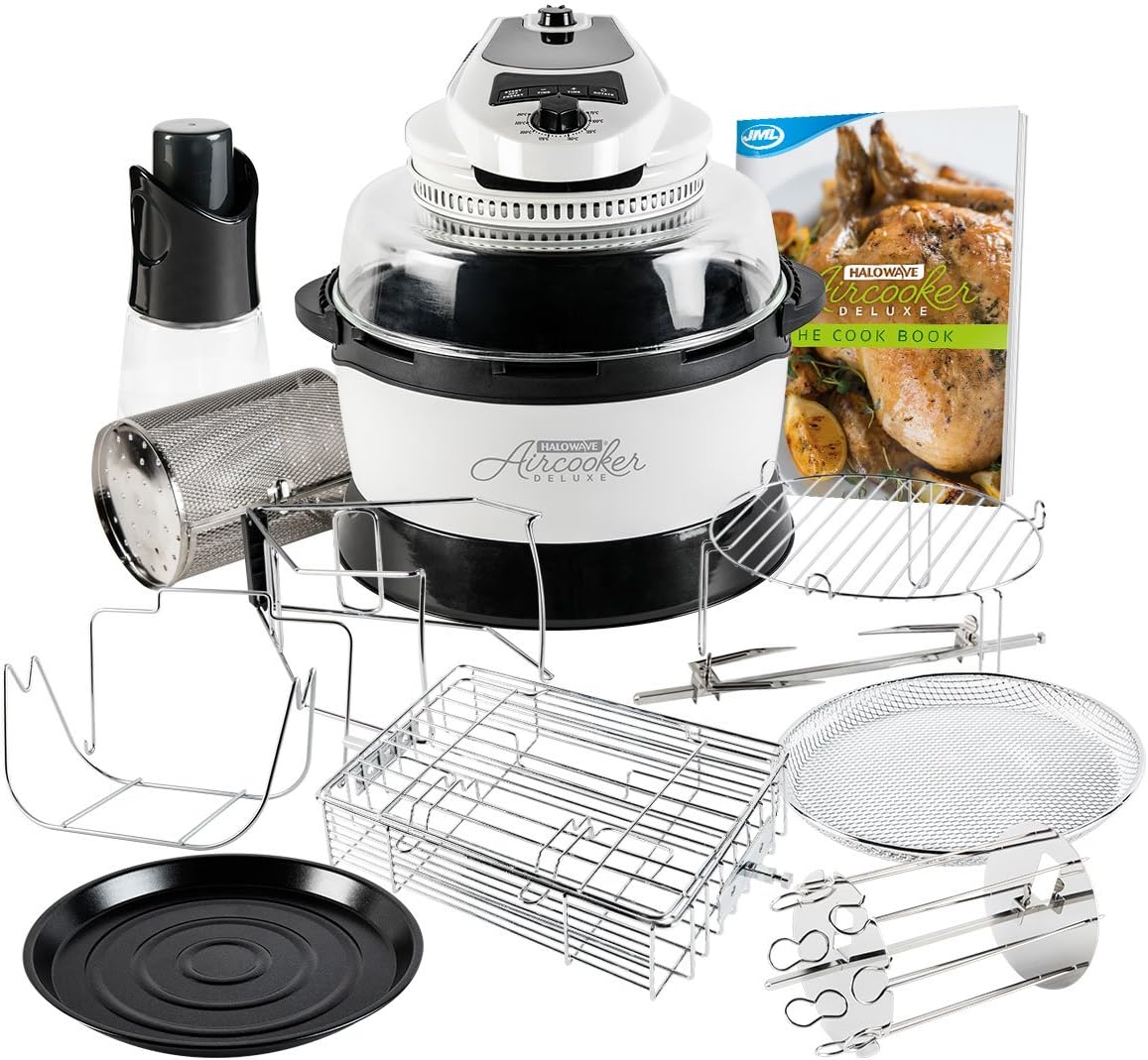 JML White Halowave Oven Aircooker Deluxe Halogen Cooking With Rotisserie Function 14 Pc Set