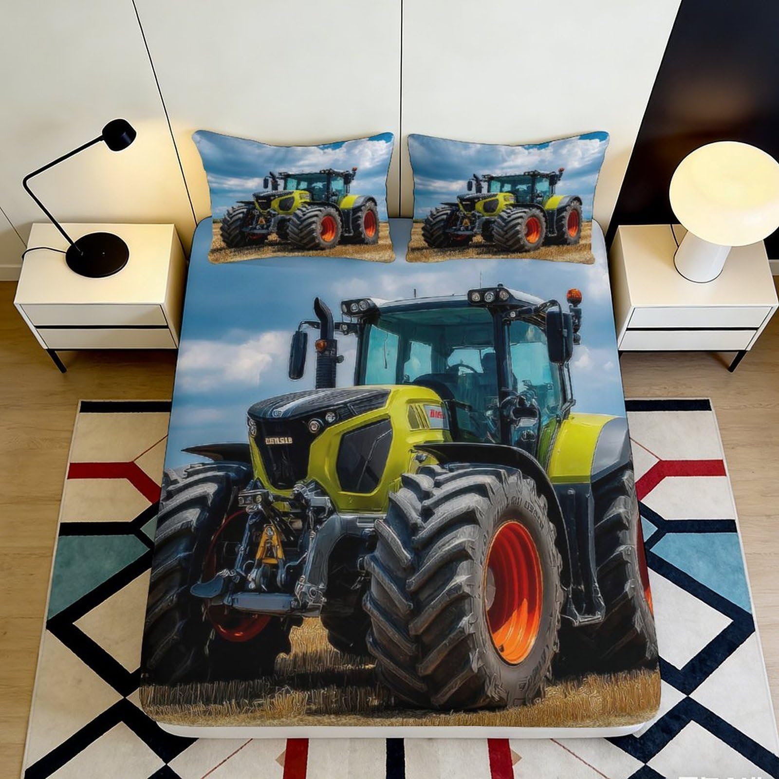 3D Printed Tractor Pattern Fitted Sheet Microfiber Durable Soft 3D Printed Farm Vehicle Mattress Cover for Bedroom Dormitory Guest Room 120x200x25cm