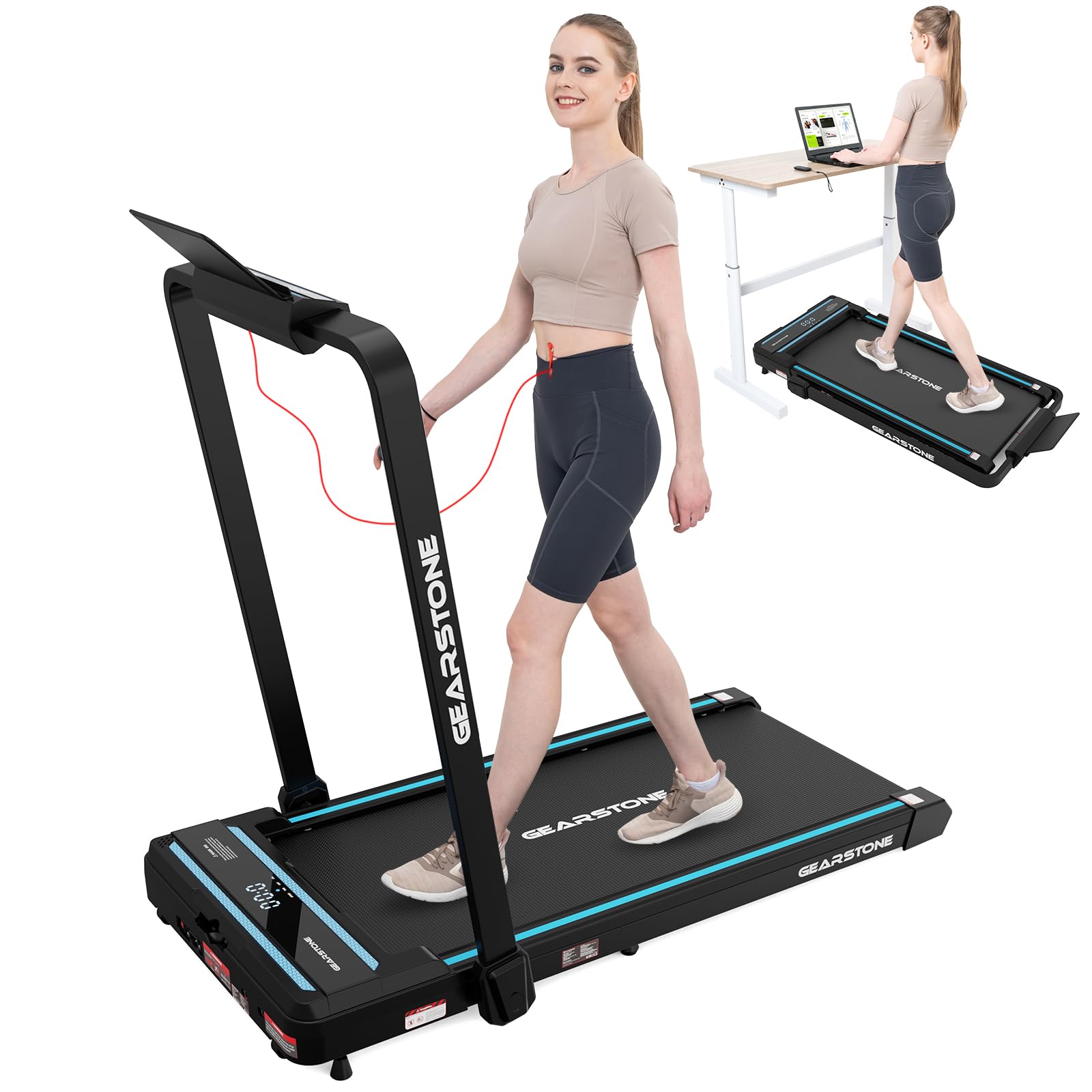 Tapis De Course électrique GEARSTONE 7 En 1 – Inclinable à 6%, Avec Massage Des Pieds, Bande Extra-large De 41 Cm Et Bureau Intégré