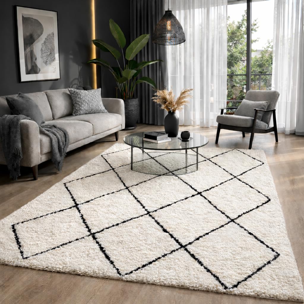 the carpet Bahar Shaggy Elegant Designer Living Room Rug, Soft & Easy-Care High Pile Living Room Rug in Cream/Black, 80 x 150 cm โ image 1