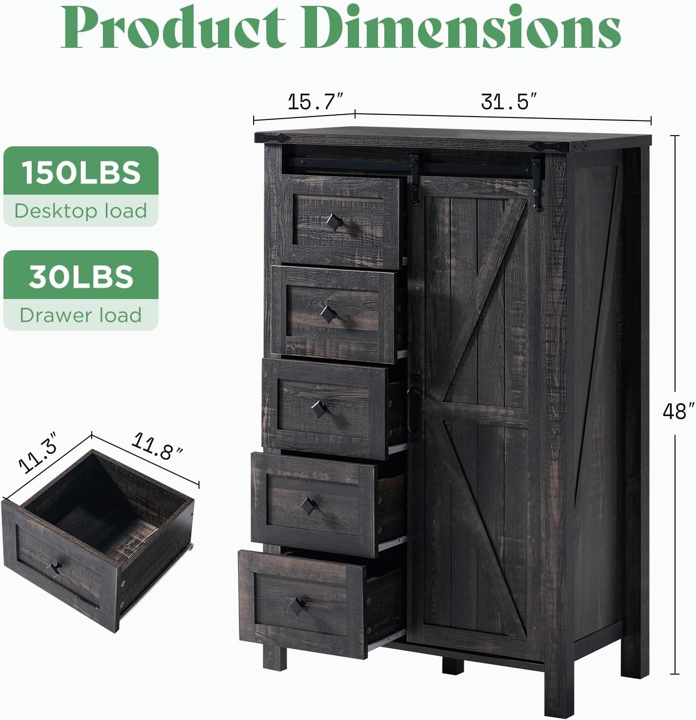 AMERLIFE 3PCS Farmhouse Bedroom Set, Dresser Sets Include 47'' 4-Drawers, 60'' 4-Drawer and 5-Drawer Dresser, Black Oak