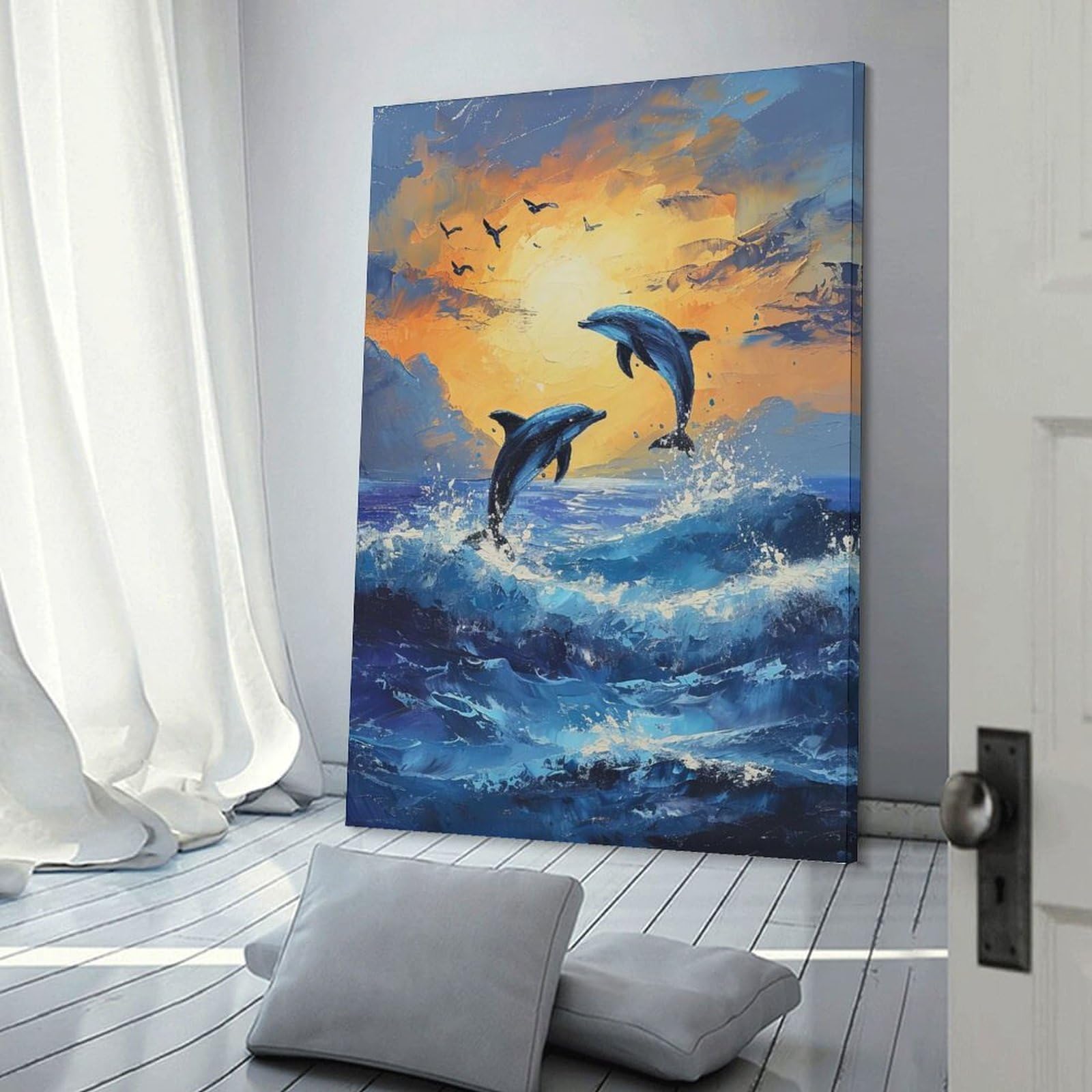 Junmoney Two Dolphin Jumping Canvas Art Print 20x30inch(50x75cm), for Feature Walls in Flats Or Modern Rooms, Ideal for Building A Coordinated Art Wall