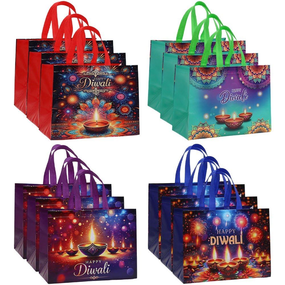 Ppmter Colorful 12 Pcs Diwali Gift Bags Happy Diwali Non-Woven Favors Bags With Handle Reusable Treat Goodie Bags For Indian Deepavali Festival Party Decorations
