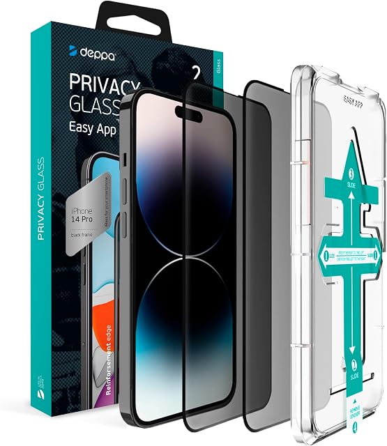 Deppa [2 Pack Premium Privacy Screen Protector for Iphone 14 Pro (6.1') Tempered Glass Edge to Edge Full Cover with Easy Installation Kit Tray - Anti Spy, Private, Dark, Black Film