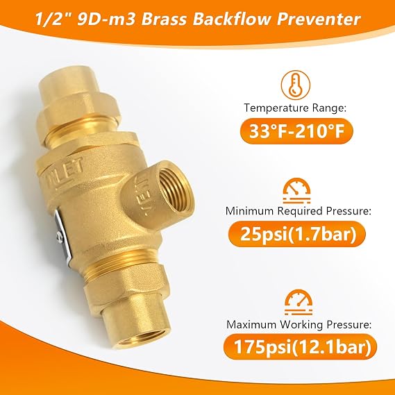 1/2 9D-M3 Dual Check Valve Backflow Preventer, Brass Backflow Preventer