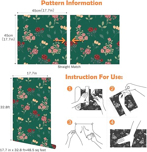 Miniatura 5 de MORCART Papel tapiz floral vintage extraíble, elegante verdechampánrosa rosa para paredes y muebles, mural de vinilo autoadhesivo de lujo (17.7 x