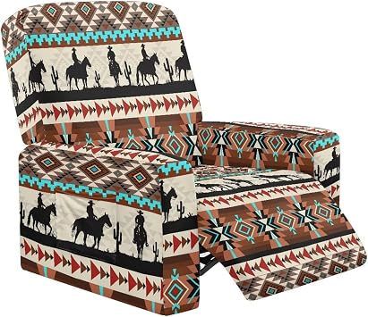 Wanyint Western Aztec Cowboy Chair Cover for Recliner with Arms Stay in Place Recliner Slipcover 4 Pieces Soft Single Seat Reclining Couch Cover for Living Room Home Decor