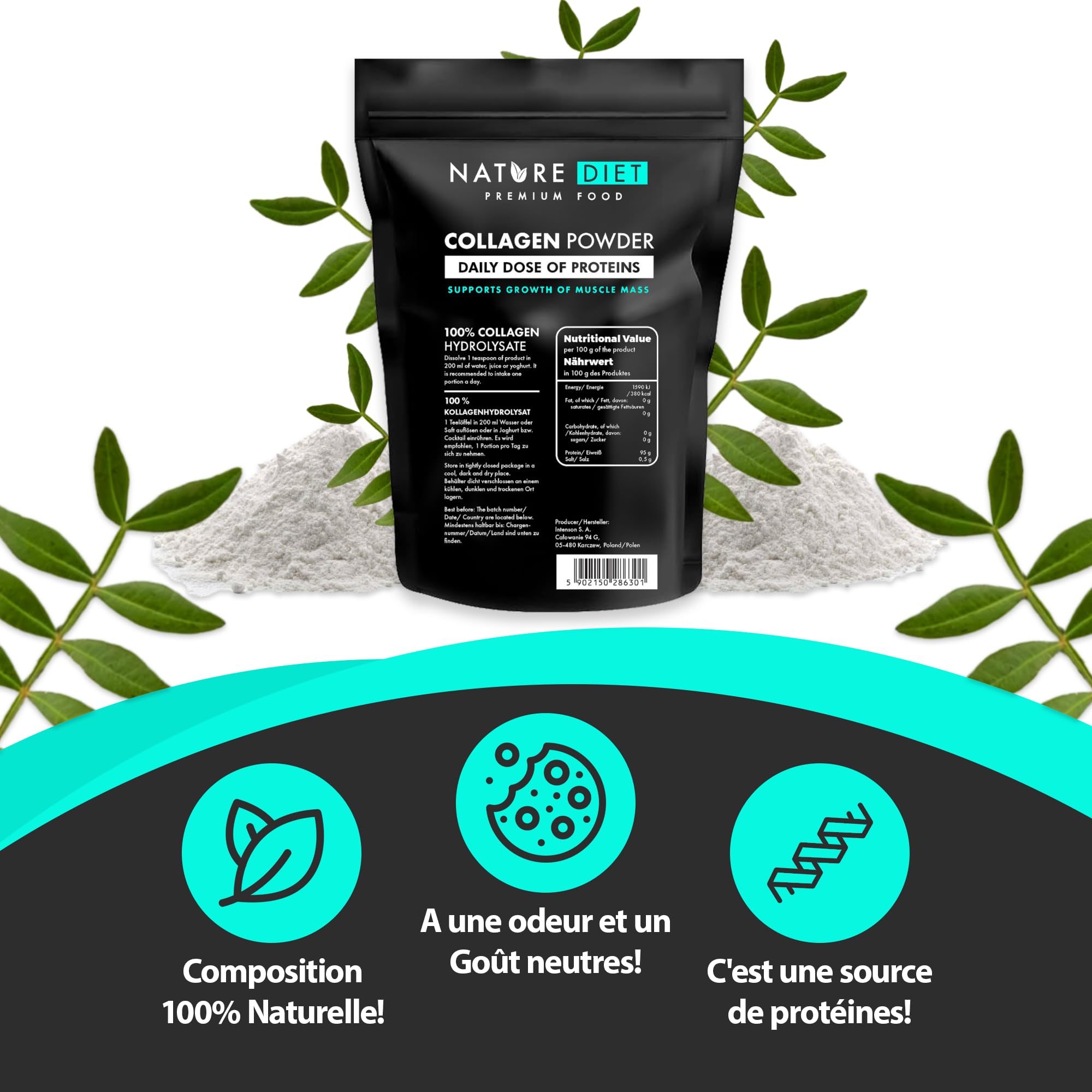 Nature Diet - Poudre de collagène (Type I, III) | 600 g | Hydrolysat | Sans saveur | Peptides de collagène
