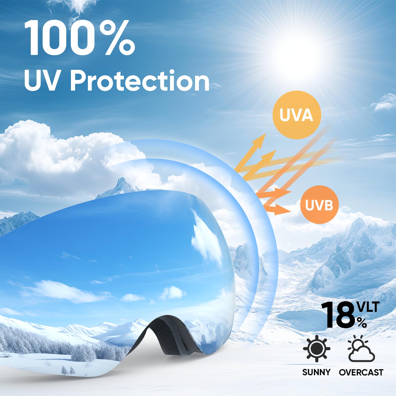 OTG - Occhiali da sci e snowboard, unisex, protezione UV al 100%, anti-appannamento, per sport e neve, colore: argento