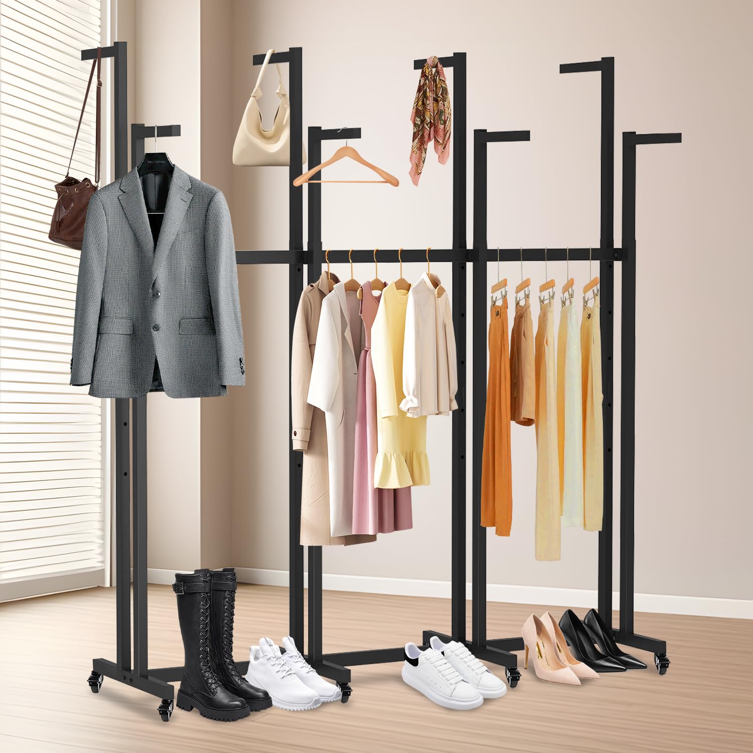 8 Arm Retail Clothing Rack, Metal Clothing Display Rack for Hanging Clothes, Adjustable Height Shirt Clothes Display Stand Garment Rack with Wheels for Boutiques, Black
