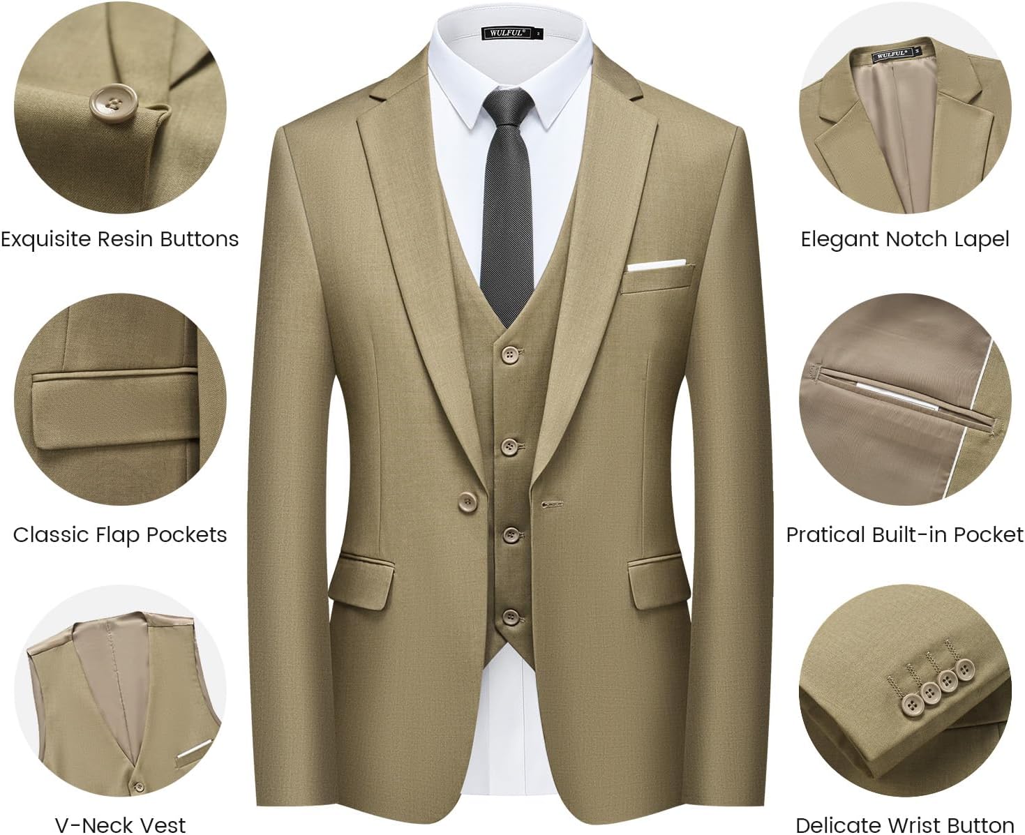 WULFUL Men’s Slim Fit Suit One Button 3-Piece Blazer Dress Business Wedding... - Picture 113 of 257