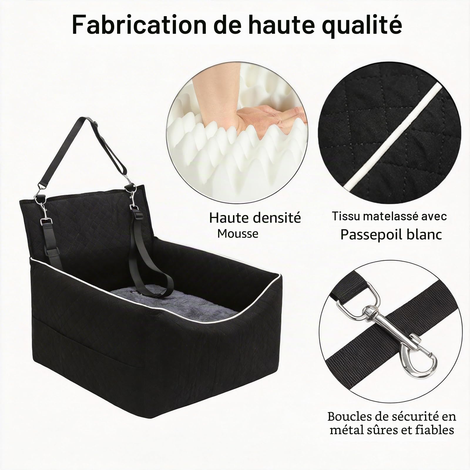 Siège Auto pour Chien Jusqu’à 15,8 kg, Coussin réversible été/Hiver, Gris | Panier de voiture déhoussable et lavable, fixation avec 2 ceintures, adapté aux petits et moyens chiens pour les trajets