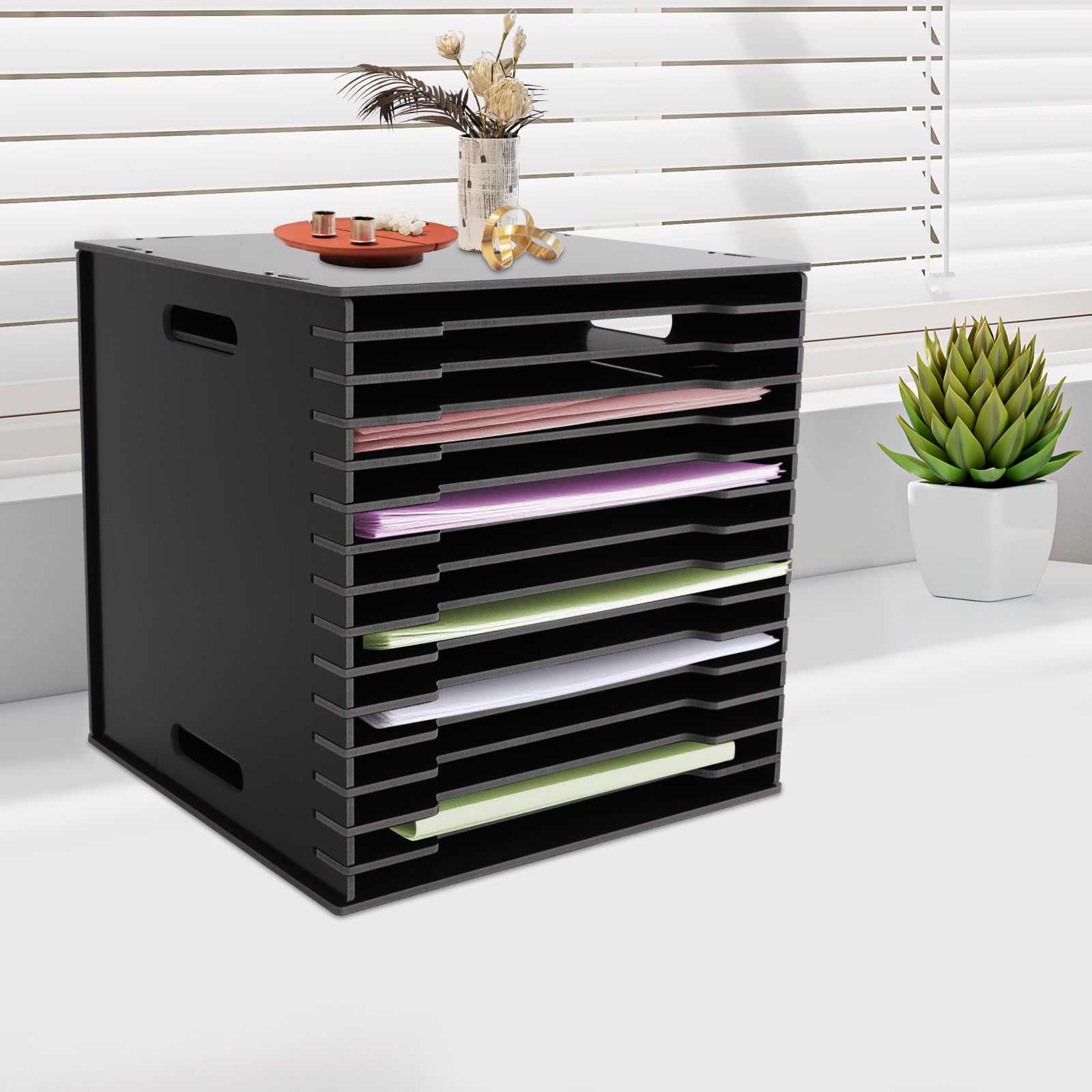 Organizer na papier do scrapbookingu z 15 poziomami, półka na biurko, półka na dokumenty, organizer na dokumenty, do domu, biblioteki, biura, 30,5 x 30,5 cm (czarny)
