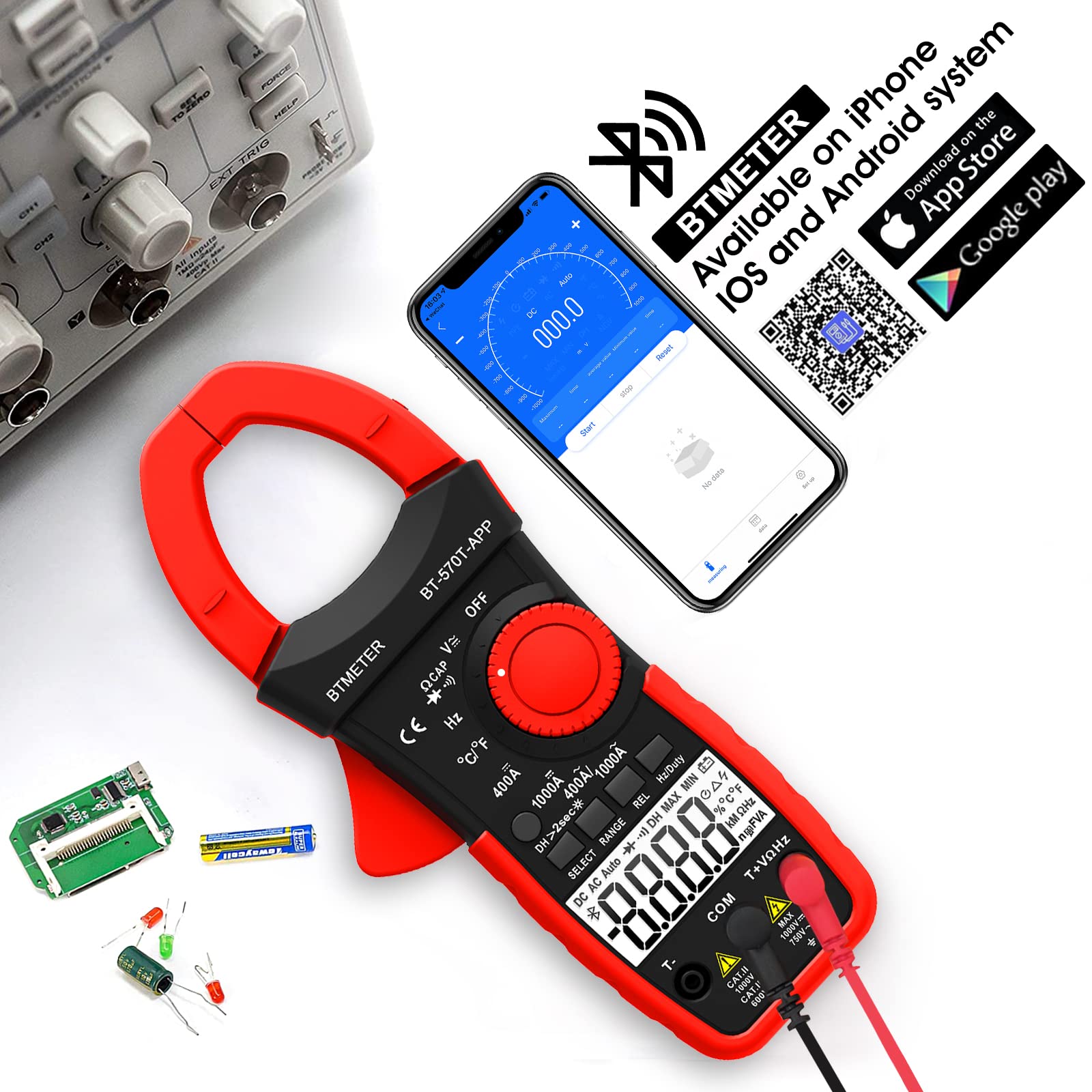 BTMETER AC/DC 1000A Clamp Multimeter, 4000 Counts Digital Clamp-on Meter with Data Logging Measure Amp Volt Ohm Capacitance Frequency Temperature Continuity, Electrical Tester 570T-APP — Amazon image 7