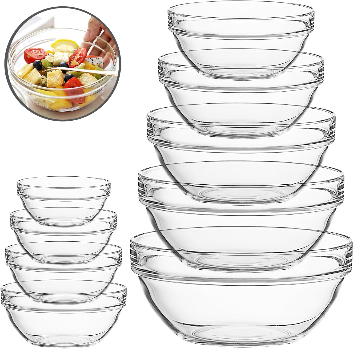 Set di 9 ciotole in vetro trasparente per insalata, gelato, pasta, cereali, frutta