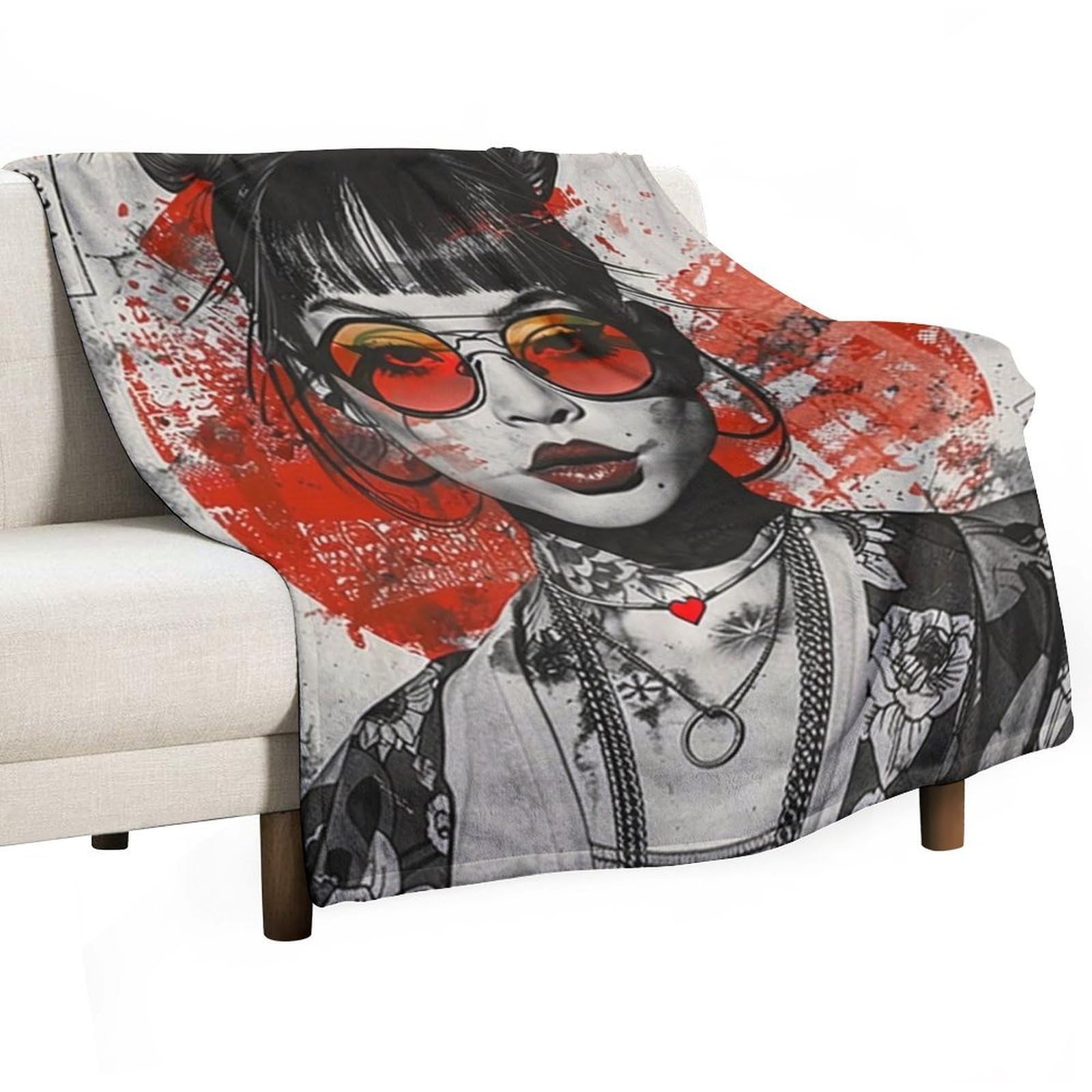 YHGSREUOH Ukiyo E Fusion Tattooed Asian Double Bun Girl 02 Flannel Blankets Fleece Soft Throw Lightweight Plush Gifts for Couch, Bed, Cozy Sofa Plush, Chair, Lovers 175x200cm(70x80in)