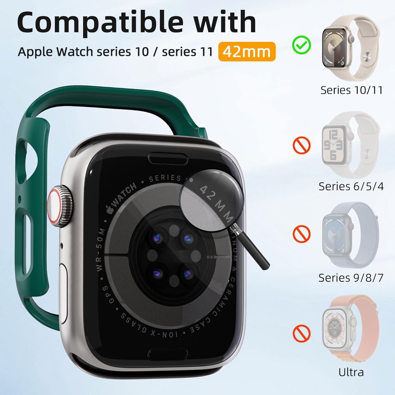 2 Pack [NO Screen Protector] Bumper Case for Apple Watch Series 11 (2025) / Series 10 42mm, Slim Thin Shockproof Bumper Cover, Hard PC Protective Frame All-Around Edge, Green image 5
