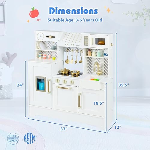 Miniatura 7 de Costzon Juego de cocina para niños, juego de cocina para niños pequeños con estufas, grifo, fregadero, máquina de café, campana extractora, horno