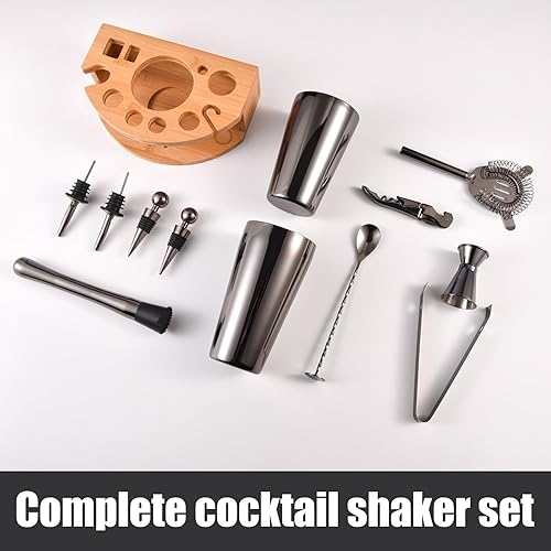 Miniatura 2 de Esmula Kit de camarero con elegante soporte de bambú, juego de coctelera de 12 piezas de 25 onzas para bebidas mixtas, juego de herramientas