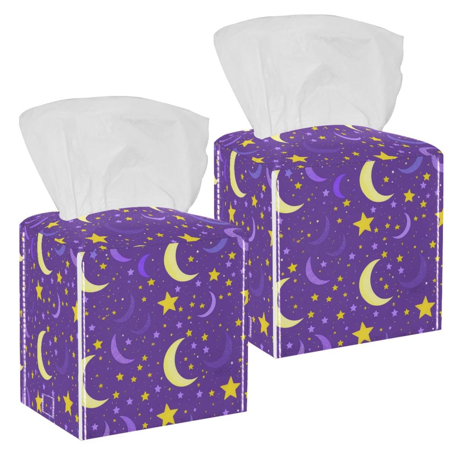 Stars and Moon Tissue Box Cover, 2 Pack PU Leather Square Facial Tissue Dispenser Box holder for Home Office Car