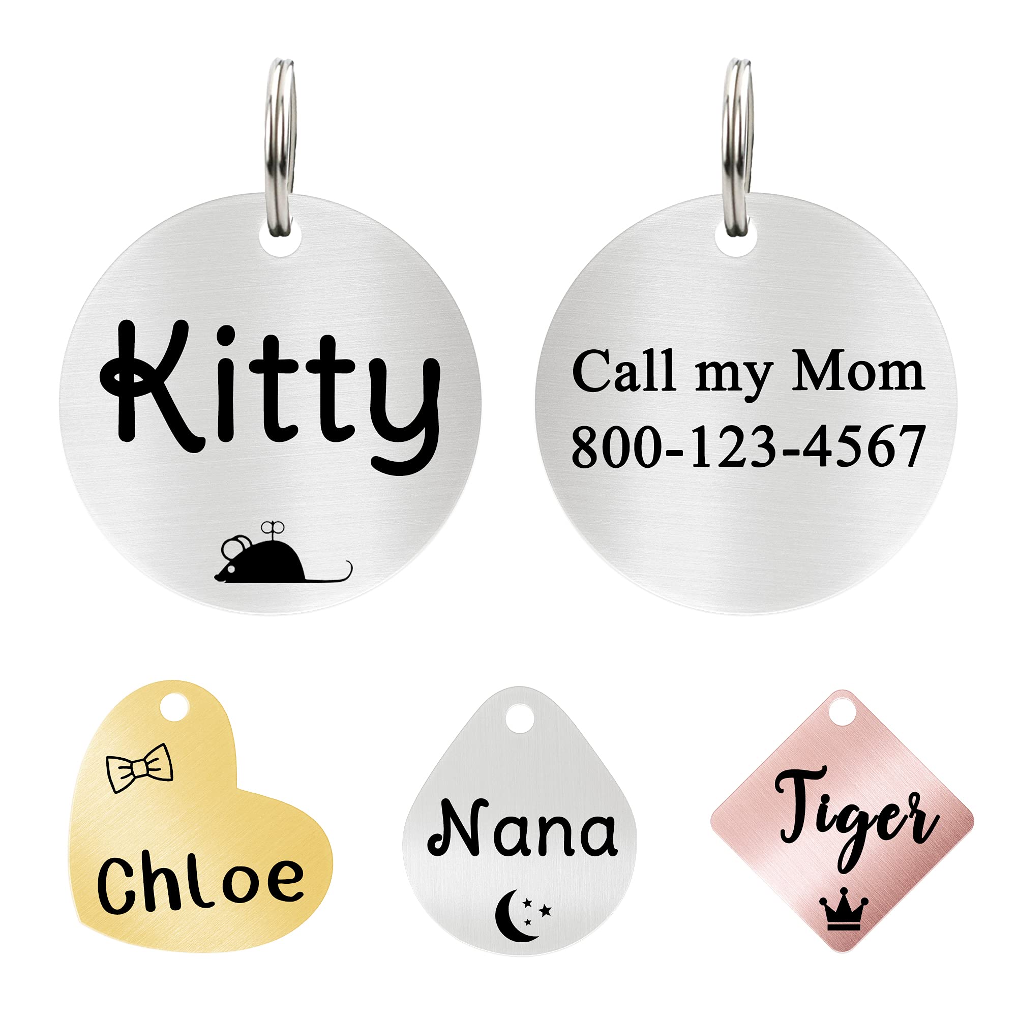 Ultra Joys Cat ID Tag Personalized Pet Tags, Durable Stainless Steel Small Pet Mini Dog Cat Tag Lightweight -Round Tag in Silver