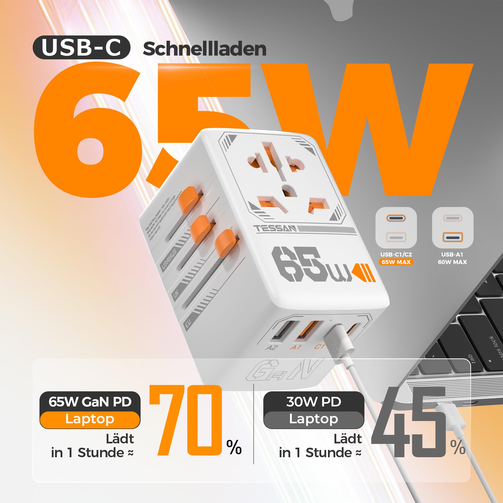 TESSAN Adattatore Universale da Viaggio, GaN Ricarica Rapida da 65W, Presa Universale da Viaggio con 2 USB A e 2 USB C, Adattatore Presa Spina per UK, USA, Australia, Tailandia, Giappone