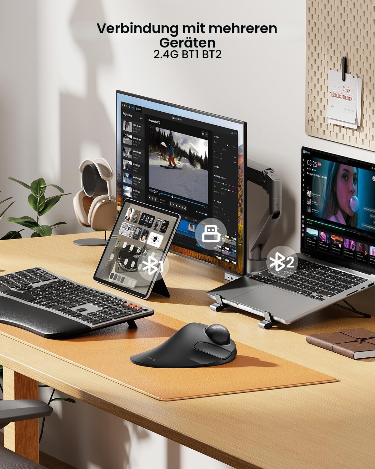 ProtoArc Kabellose Bluetooth Trackball Maus, EM03 NL Wiederaufladbare Ergonomische Trackball Mouse mit Fingerbedienung, 2.4G & Dual-Bluetooth Multi-Geräte für PC, Mac, Windows Büroarbeit - Schwarz