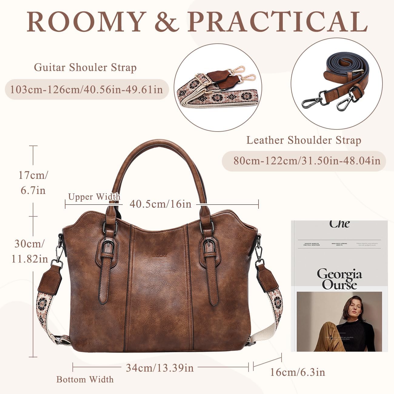 VASCHY Hobo Bags for Women, Vegan Leather Top Handle Satchel Shoulder Purse Handbag Purse with Crossbody Guitar Strap - Image 2