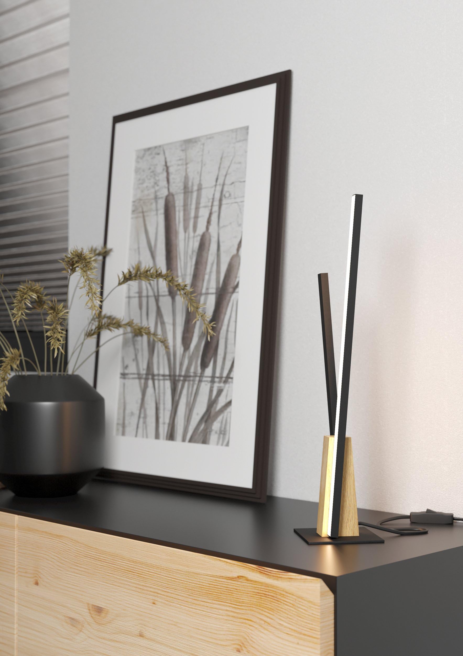 EGLO LED lámpara de mesa Panagria, luminaria minimalista para mesa de noche | FSC100HB, liluminador de aluminio, acero y madera en negro y marrón, luz deco para sala, blanca cálida