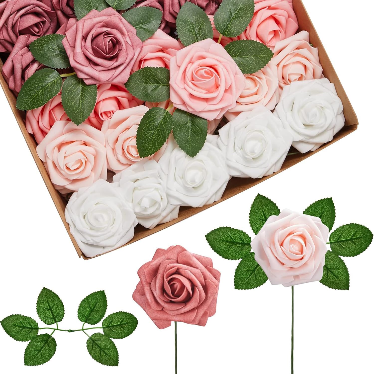 Xspring Artificial Roses, Blush Pink Ombre Colors Foam Fake Roses for DIY Wedding Bouquets Centerpieces Floral Arrangements Party Tables Home Decorations, 25pcs Real Looking Foam Flowers with Stems,