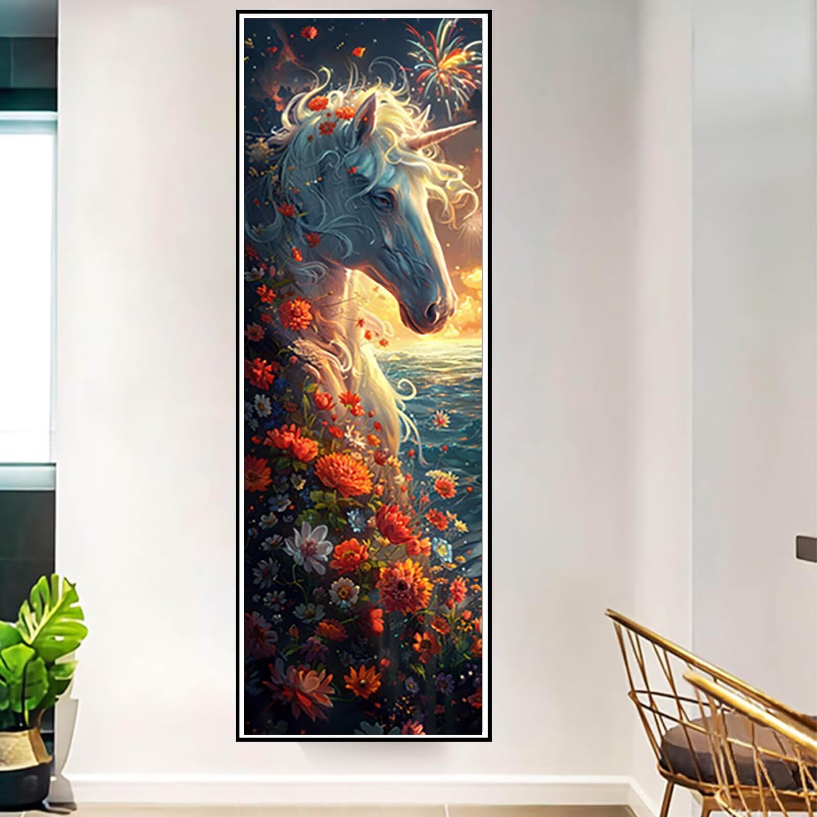 Diamond Painting Licorne Peinture Diamant Adulte, Peinture Diamant Fleur Conception de Motifs 5D DIY Strass Point de Croix Cristal Painting Loisirs Créatifs, Decoration Murale 50x150cm -pg25046C