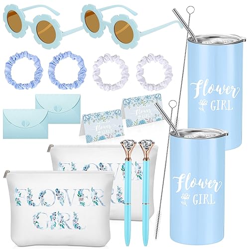 Regalos de propuesta para niña de las flores, vasos con pajita, tarjeta con sobre, bolsa de maquillaje, lentes de sol, bolígrafo de diamante para